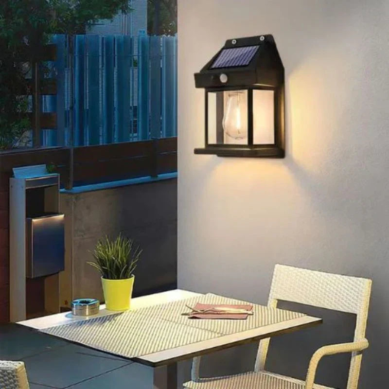 Energy-saving solar LED wall light for outdoor garden decor & automatic pathway illumination. Waterproof design.