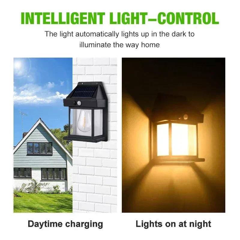 Waterproof solar LED wall light providing automatic illumination for outdoor garden, patio, and pathway security.