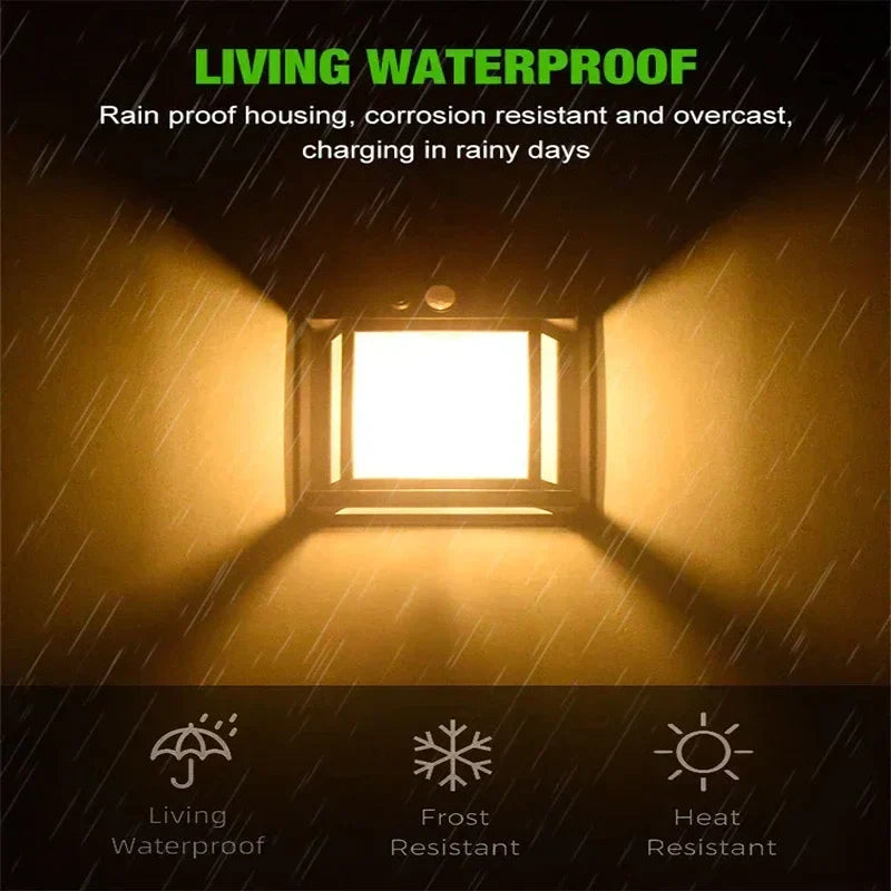 Automatic solar wall light with energy-saving LED for outdoor garden, patio, and pathway illumination. Waterproof.