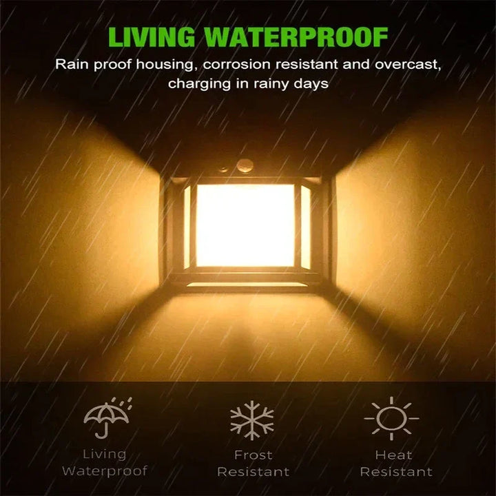 Automatic solar wall light with energy-saving LED for outdoor garden, patio, and pathway illumination. Waterproof.