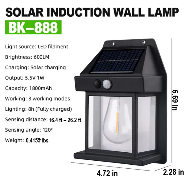 Bright solar-powered LED wall lamp for versatile outdoor lighting. Automatic illumination for garden, patio, pathway.