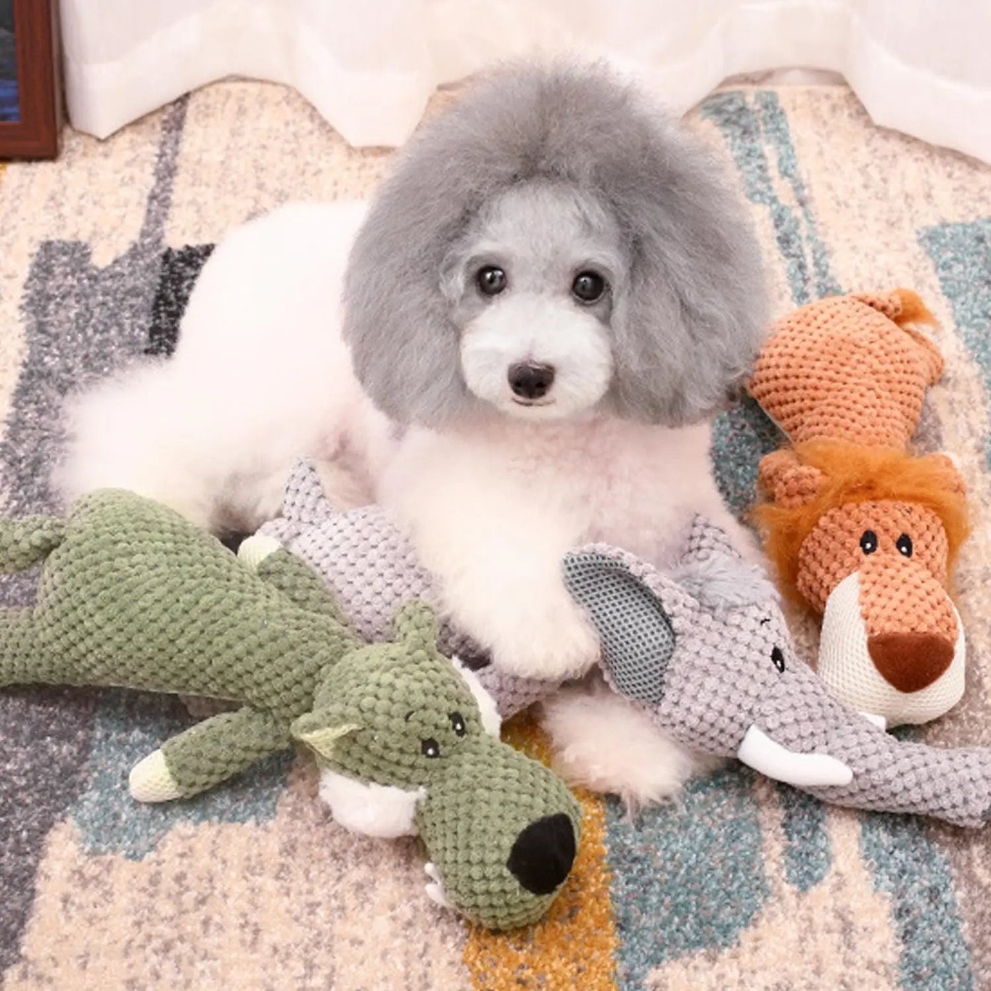 Indestructible plush dog chew toy with squeaker, perfect for aggressive chewers and durable play.