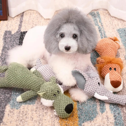Indestructible plush dog chew toy with squeaker, perfect for aggressive chewers and durable play.