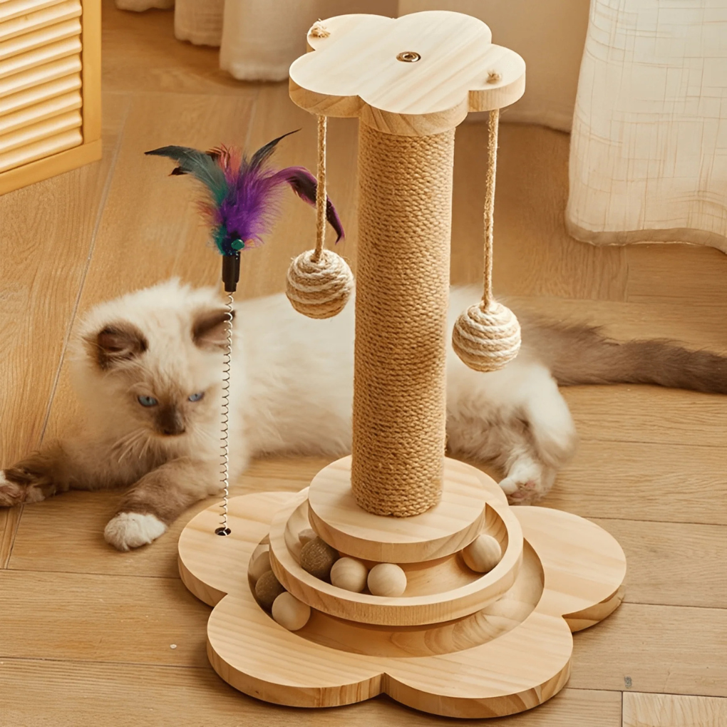 Durable sisal cat scratching post with a cozy perch and stable base, perfect pet furniture for feline playtime.