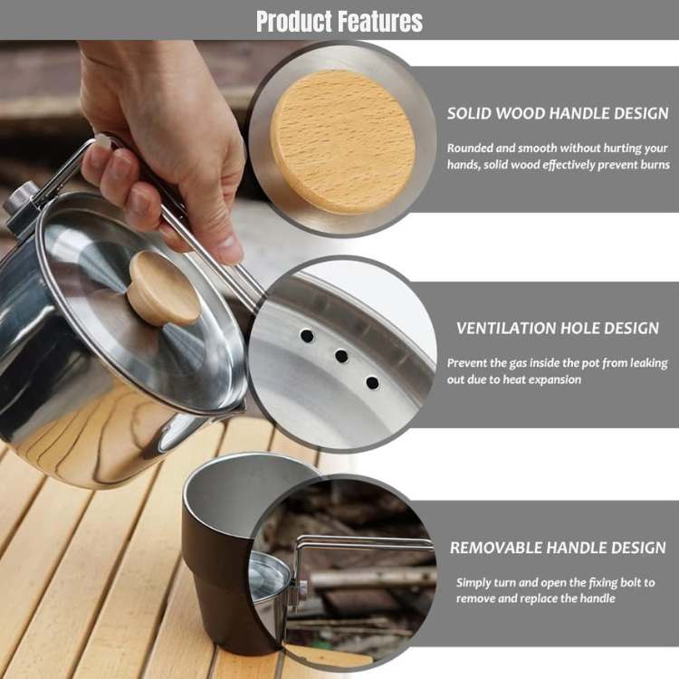 Portable stainless steel camping kettle, perfect cookware for backpacking and outdoor cooking needs.