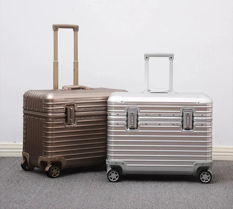 Modern aluminum hard shell suitcase, durable and sleek for elegant and secure journeys.