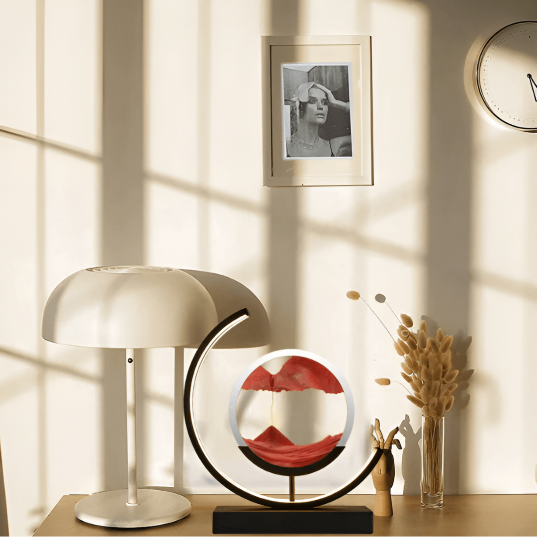 Unique dynamic sand art lamp with ambient LED, promoting relaxation & a calming sandscape experience.