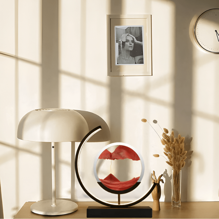 Unique dynamic sand art lamp with ambient LED, promoting relaxation & a calming sandscape experience.