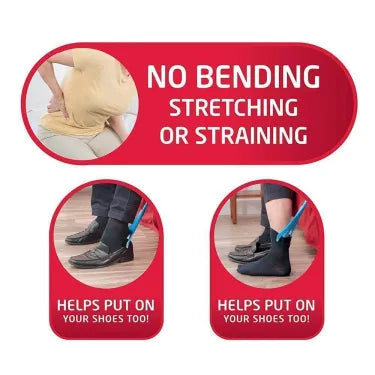 Sock helper kit includes a long shoe horn & dressing assist for easy compression sock application.