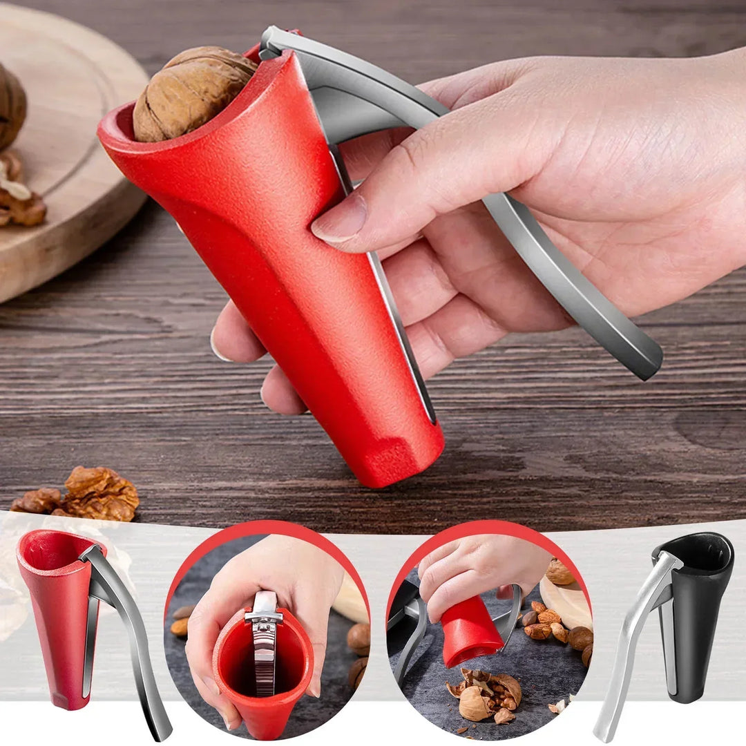 Durable red & black aluminum alloy nutcracker; ergonomic kitchen gadget for easy shell removal.