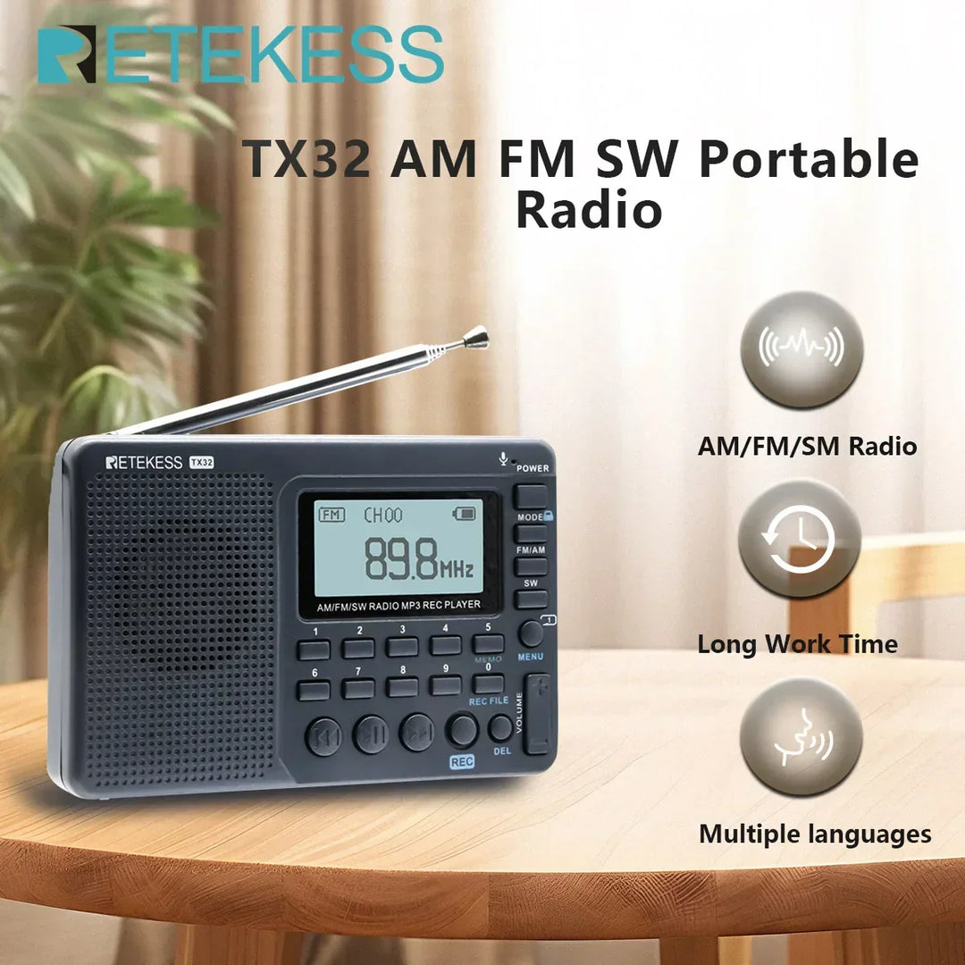 Emergency portable shortwave radio with digital display and AM/FM bands, ideal for outdoor gear.