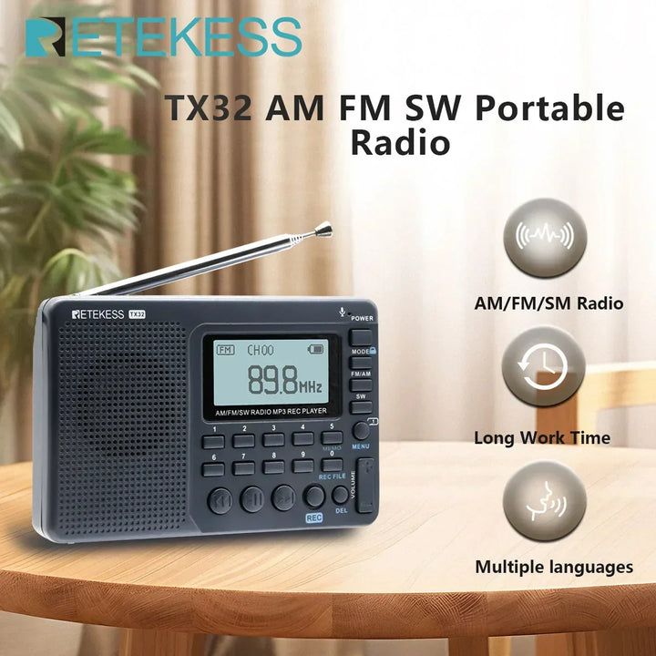 Emergency portable shortwave radio with digital display and AM/FM bands, ideal for outdoor gear.