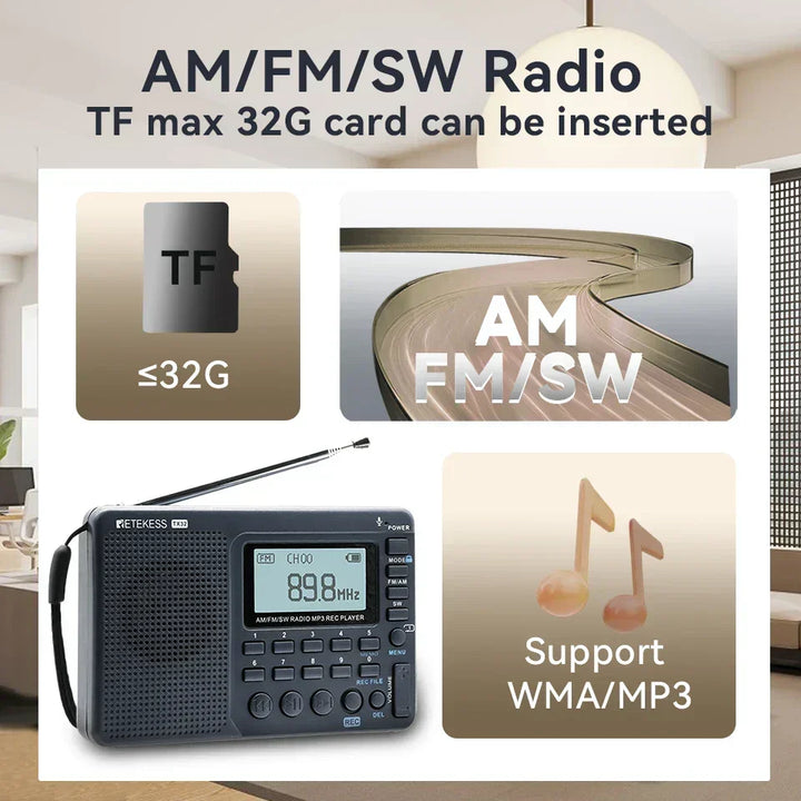 Rechargeable compact AM/FM/SW travel radio, featuring a clear digital tuner for easy listening.