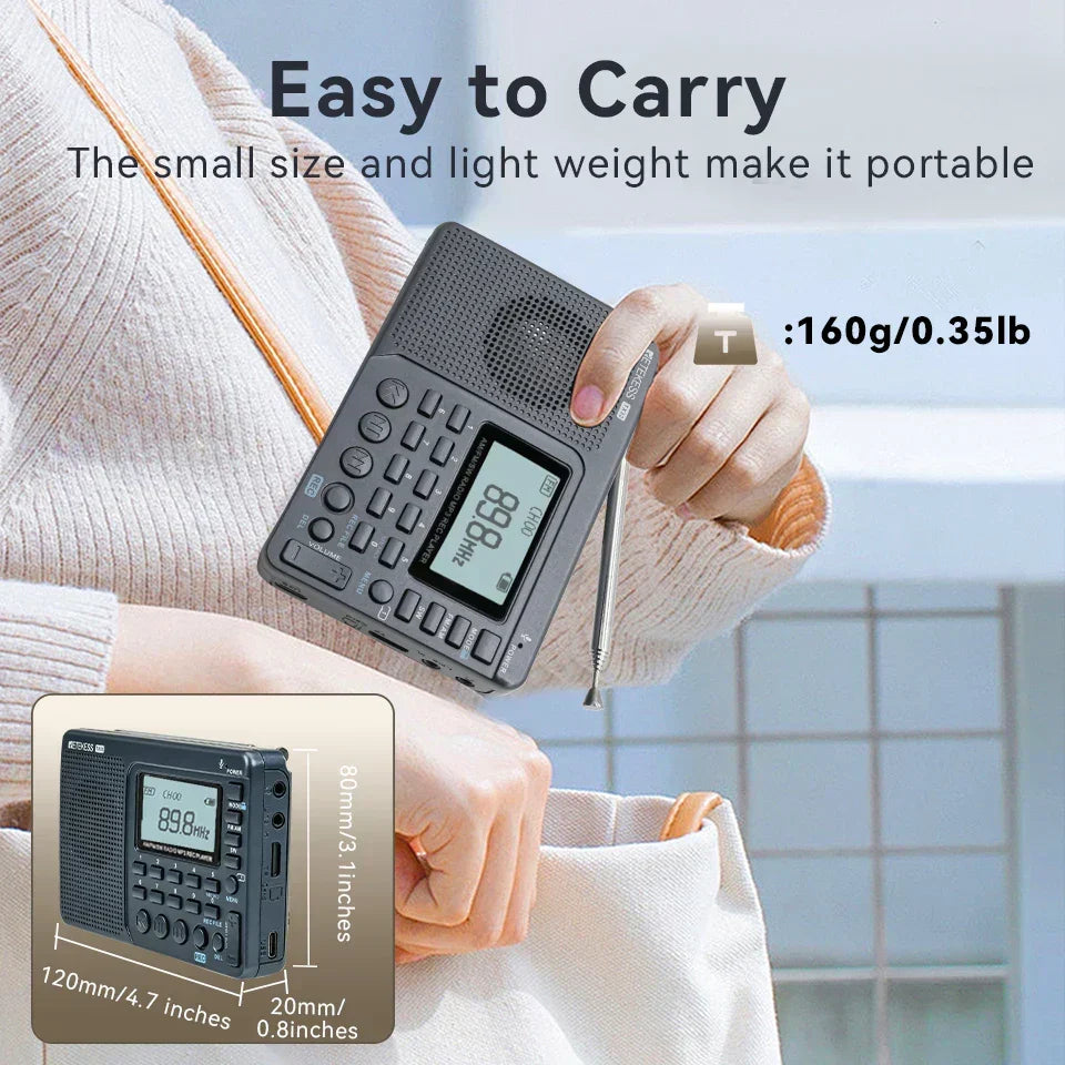 Sleek black portable AM/FM/SW radio with digital tuner, a compact personal audio device for any trip.