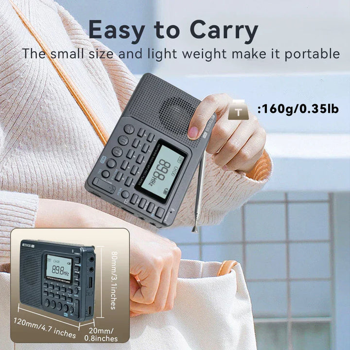 Sleek black portable AM/FM/SW radio with digital tuner, a compact personal audio device for any trip.