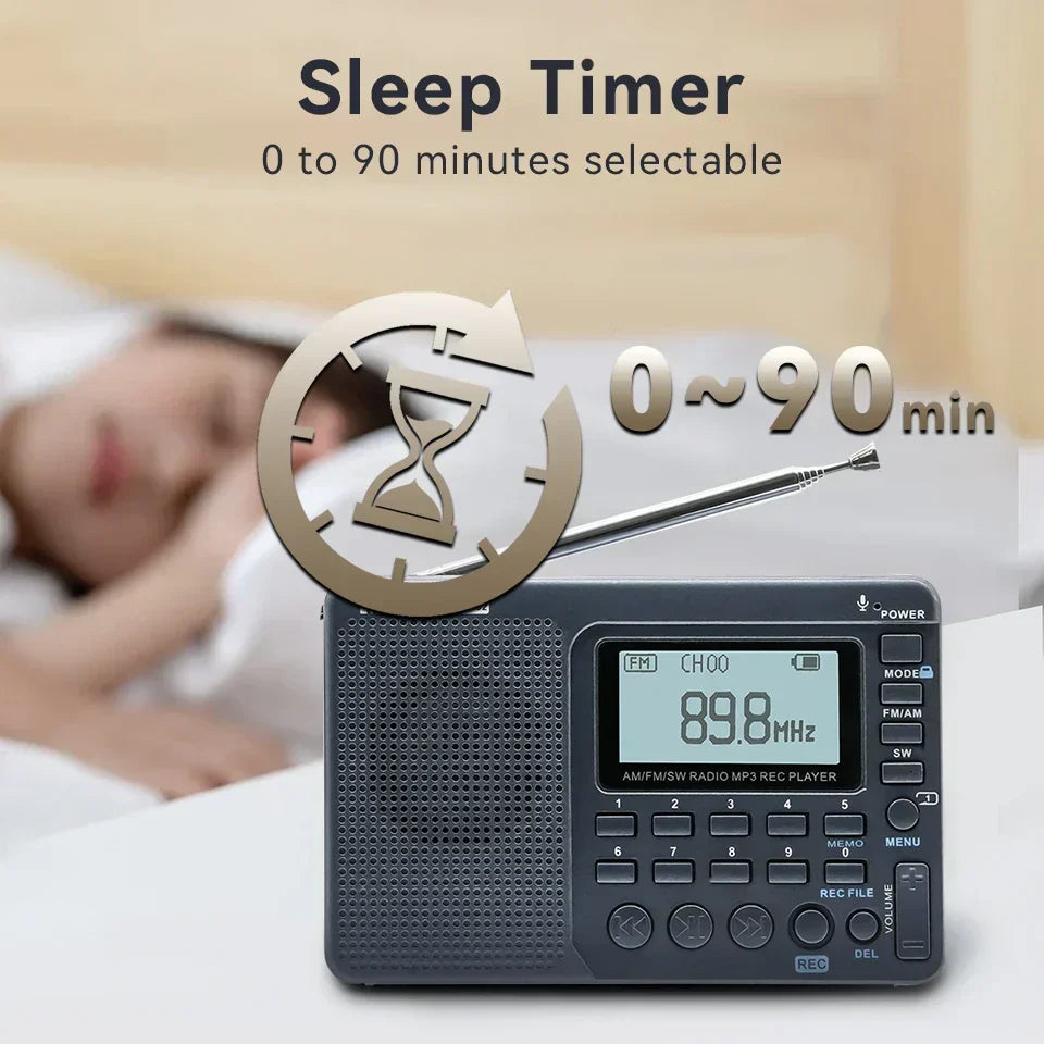 Versatile EchoWave compact portable radio; AM/FM/SW digital tuner, rechargeable for travel & outdoor gear.