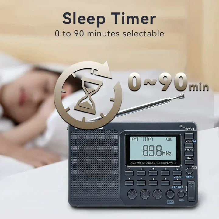 Versatile EchoWave compact portable radio; AM/FM/SW digital tuner, rechargeable for travel & outdoor gear.