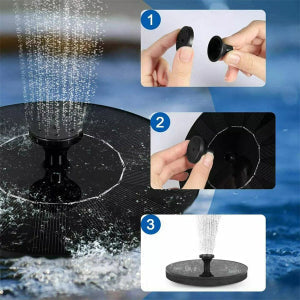 Solar garden water fountain in a bird bath, attracting wildlife. Perfect for pond or outdoor living decor.