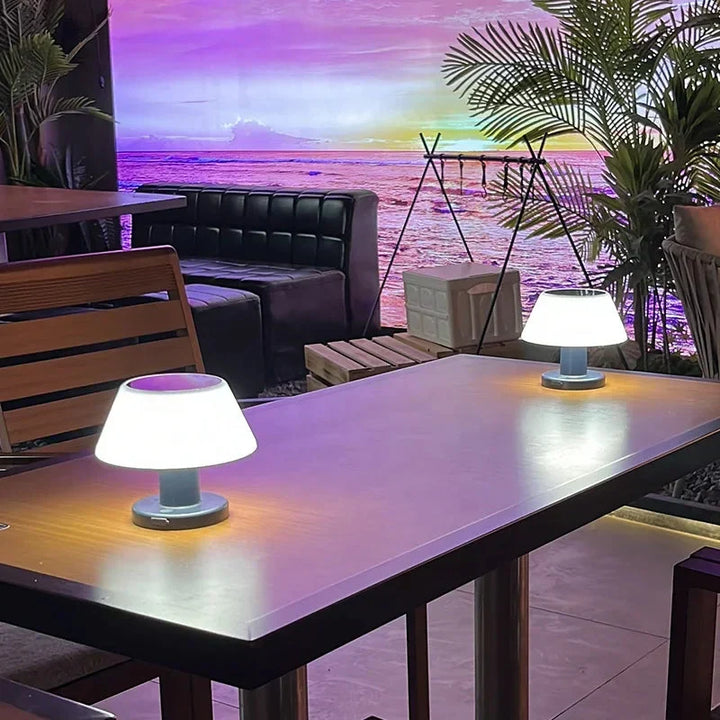 Modern EcoGlow solar table lamp provides wireless LED indoor lighting. Perfect eco-friendly accent for any room.