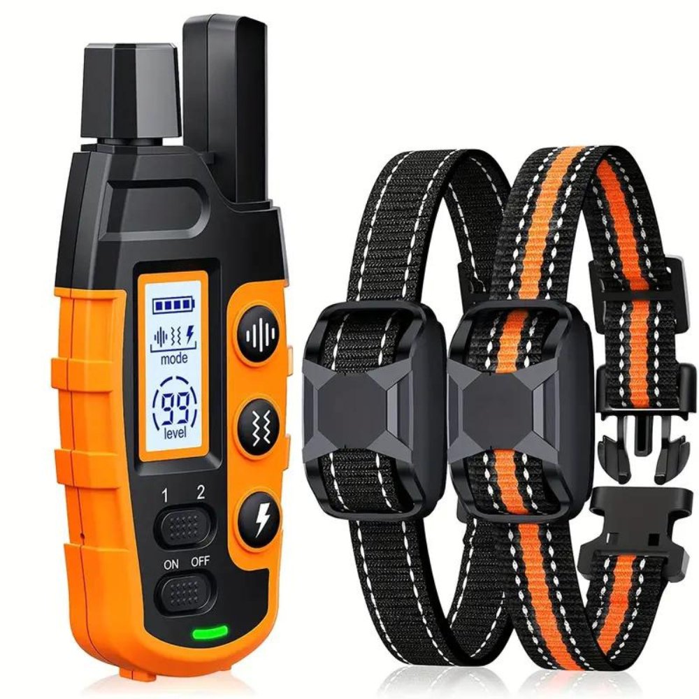 Remote trainer for dogs, showing waterproof e-collar & controller. Ideal for outdoor pet obedience training.