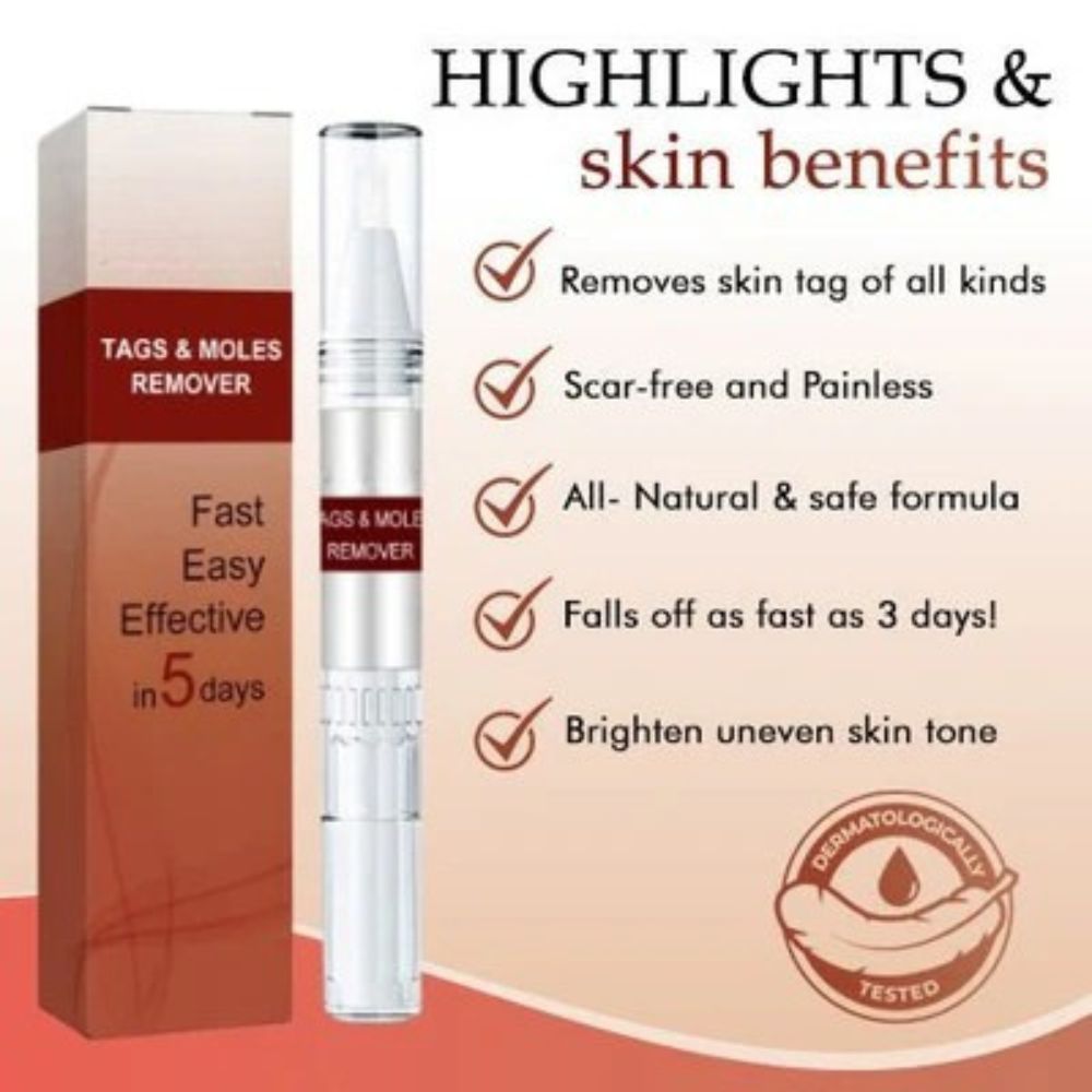Topical skin tag remover and mole treatment for a smooth, clear complexion.