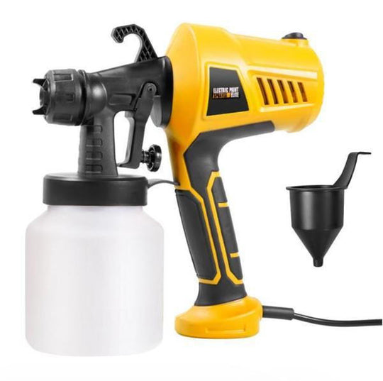 DIY enthusiast uses an electric paint sprayer for quick, even coverage on home improvement walls.