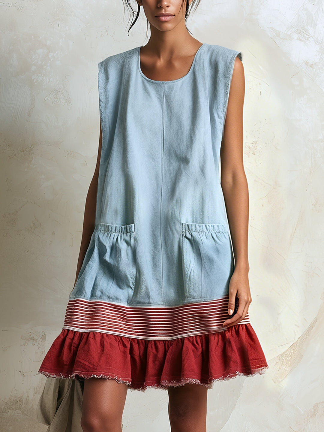 Effortless blue mini dress with ruffle tiered contrast hem. Chic sleeveless summer sundress for women.