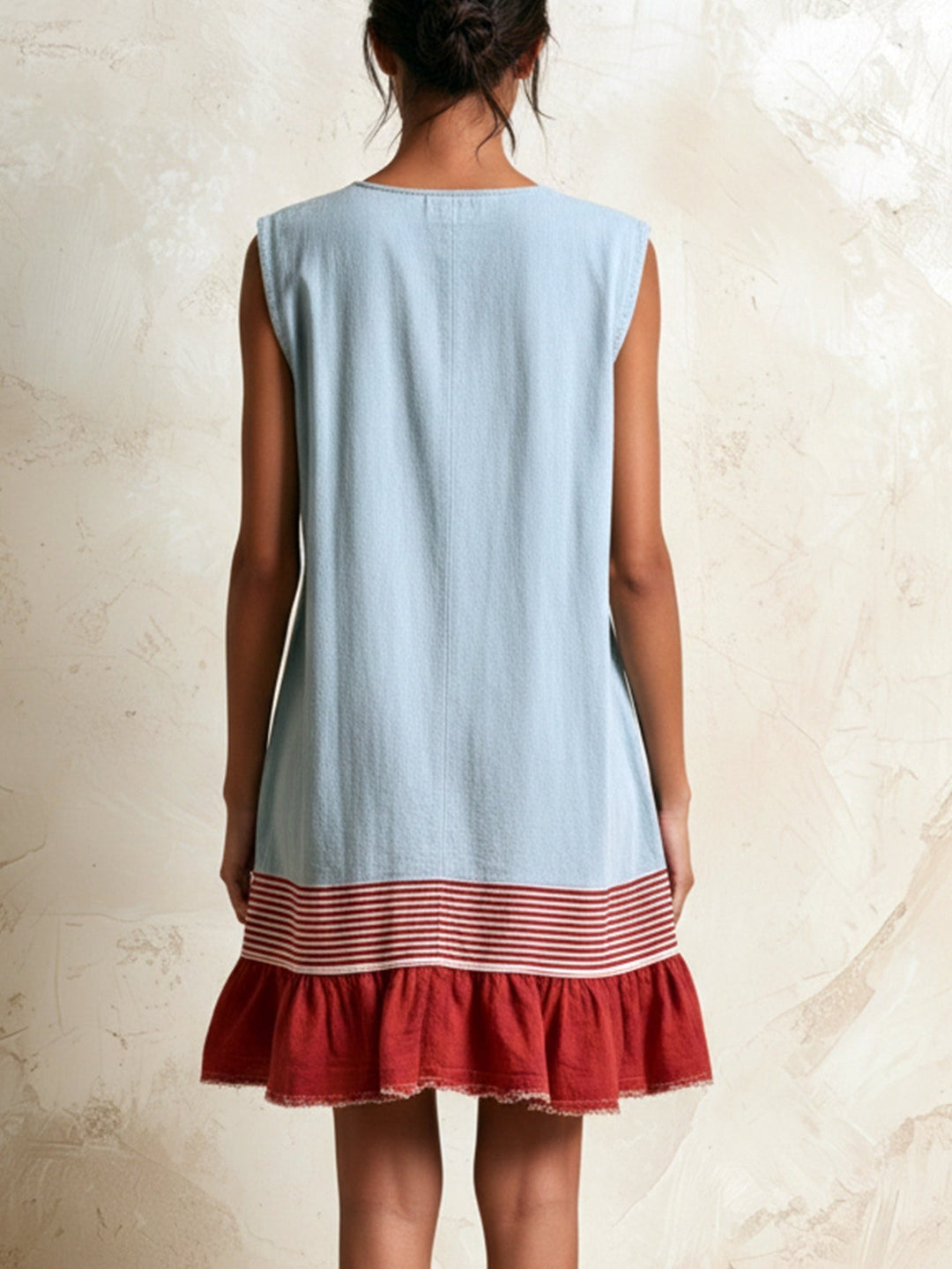 Boho style blue mini dress for women. Sleeveless design, perfect casual summer or beach wear.