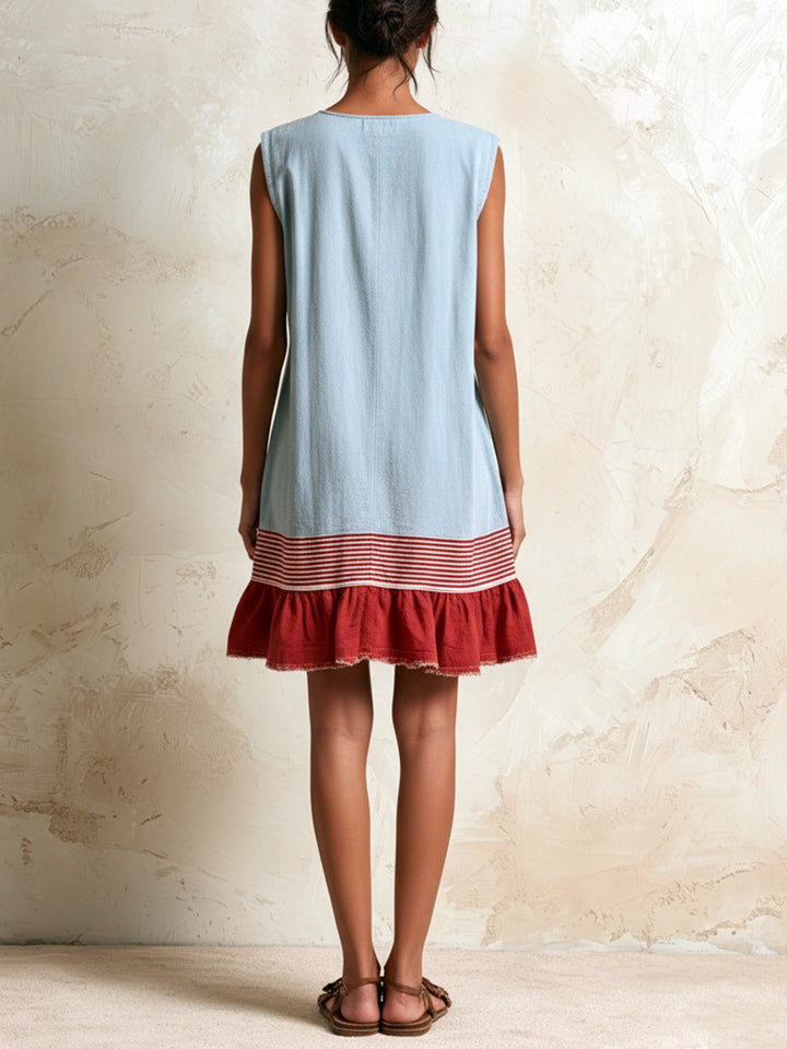Vibrant blue mini dress for women. Features a stylish ruffle tiered hem, great for sunny casual days.