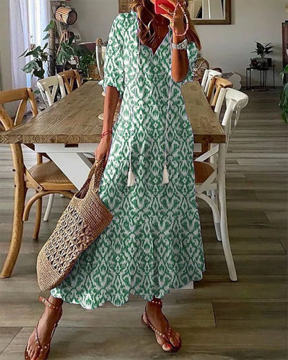 Comfortable flowing women's bohemian maxi dress. Ideal casual summer dress or elegant boho chic fashion.