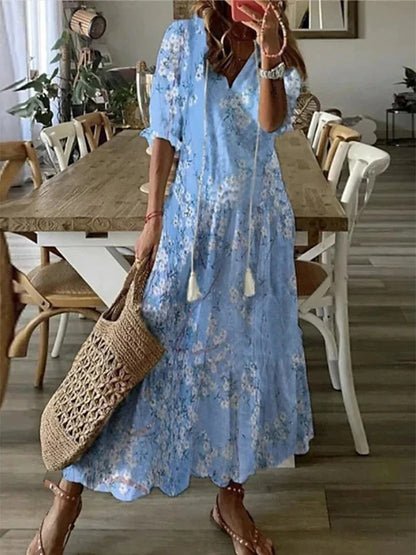 Boho chic women's maxi dress. Versatile flowing design for effortless style, comfortable for summer fashion.