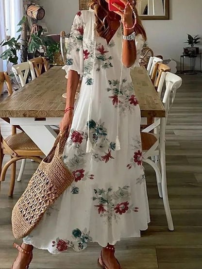 Relaxed fit women's bohemian maxi dress. Lightweight, flowing summer dress for comfortable and elegant wear.