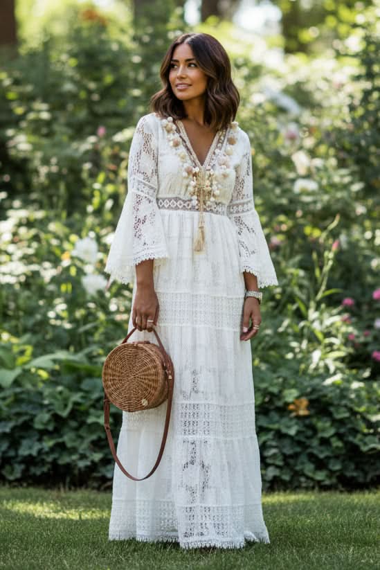 Effortless Women's Boho V-Neck Maxi Dress, perfect for summer. Flowy, elegant & versatile bohemian style.