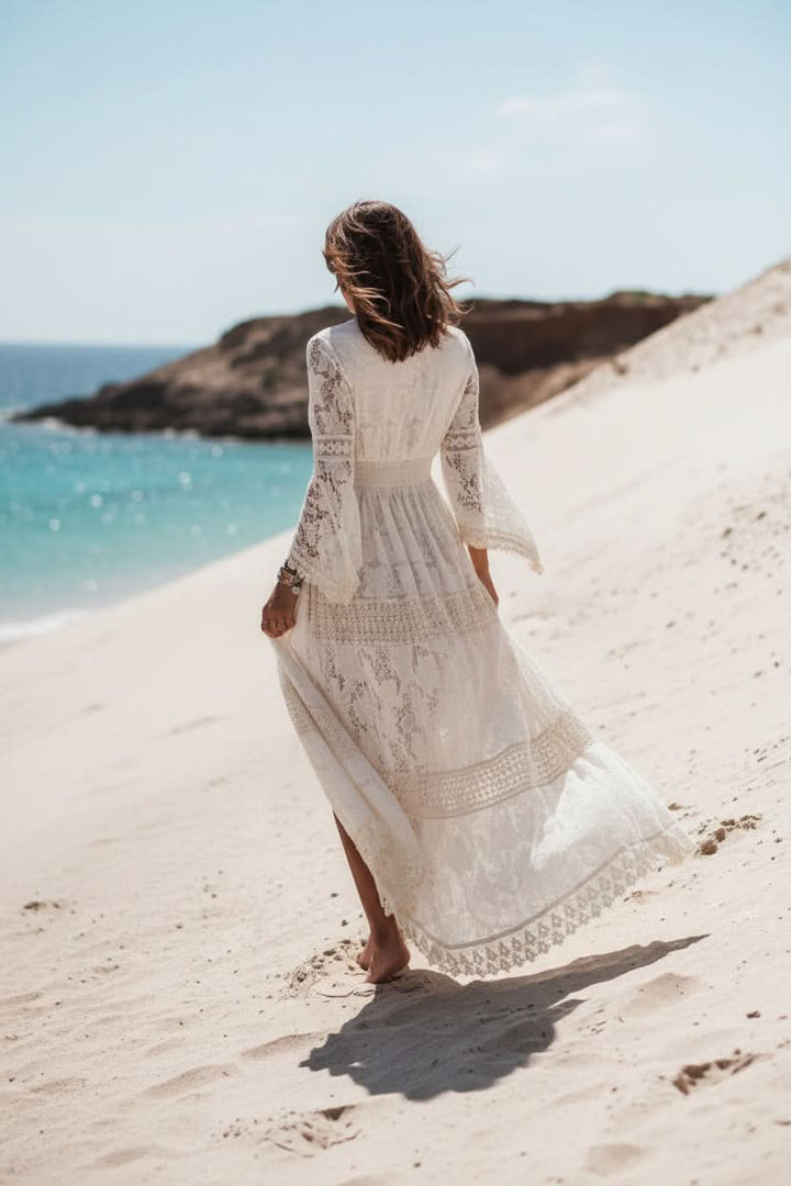 Stylish women's boho V-neck maxi dress, versatile for casual or elegant occasions. Perfect summer fashion.