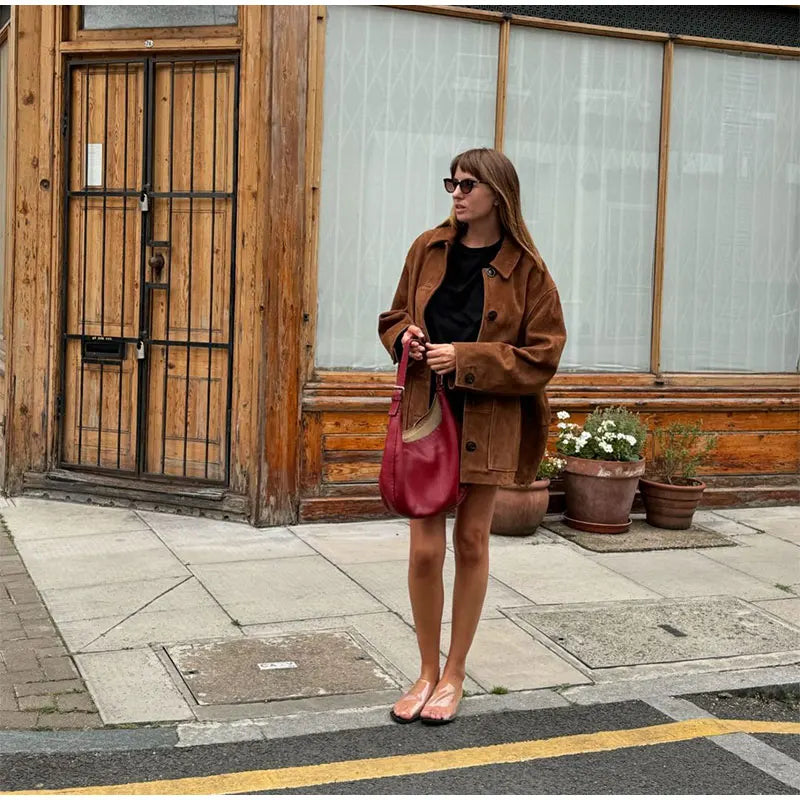 Fashionable women's brown loose jacket, great for everyday wear & versatile transitional outerwear.