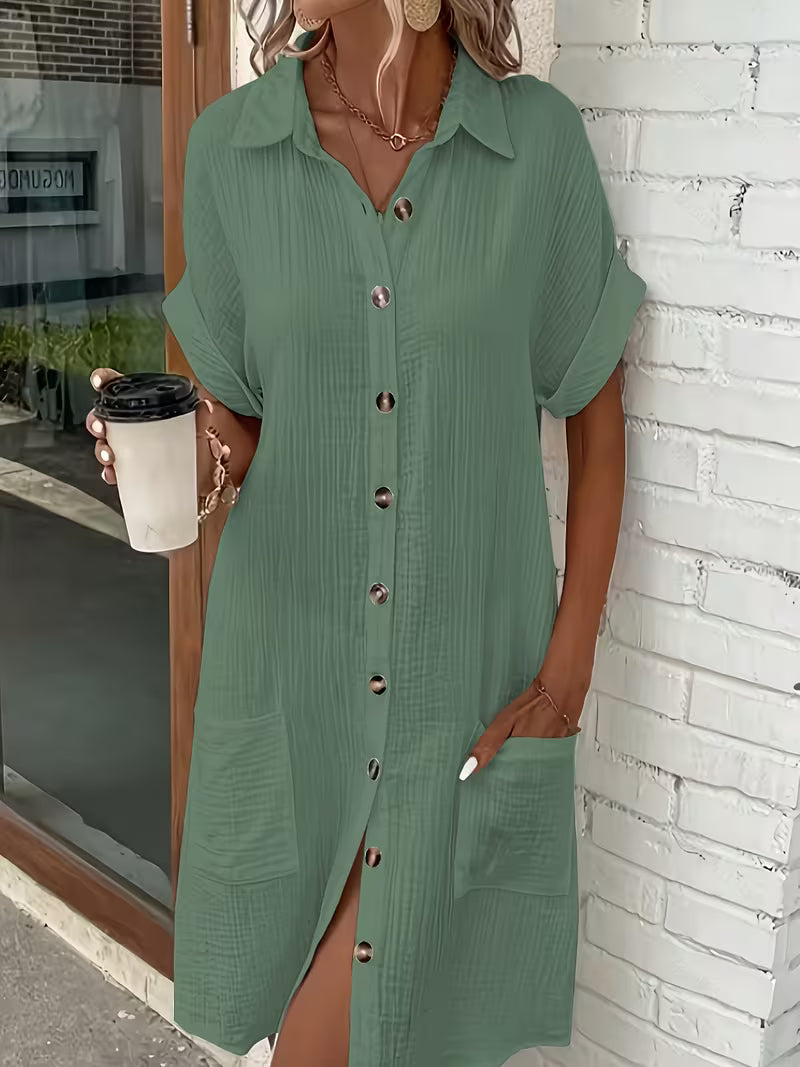 Relaxed women's button-front shirt dress. Breezy, collared, perfect for summer comfort & vacation.