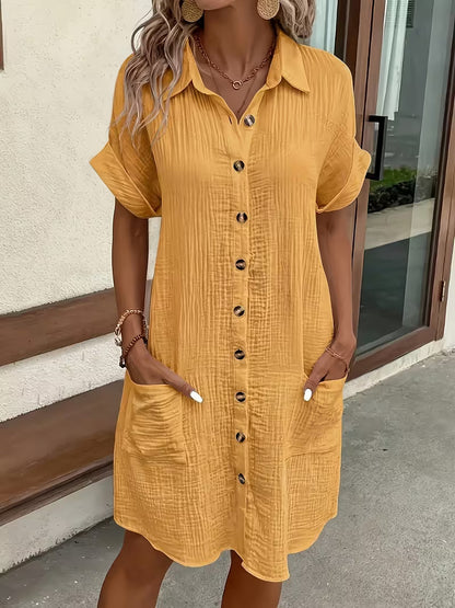 Women's collared button-front shirt dress with pockets. Easy fit for summer casual & vacation style.