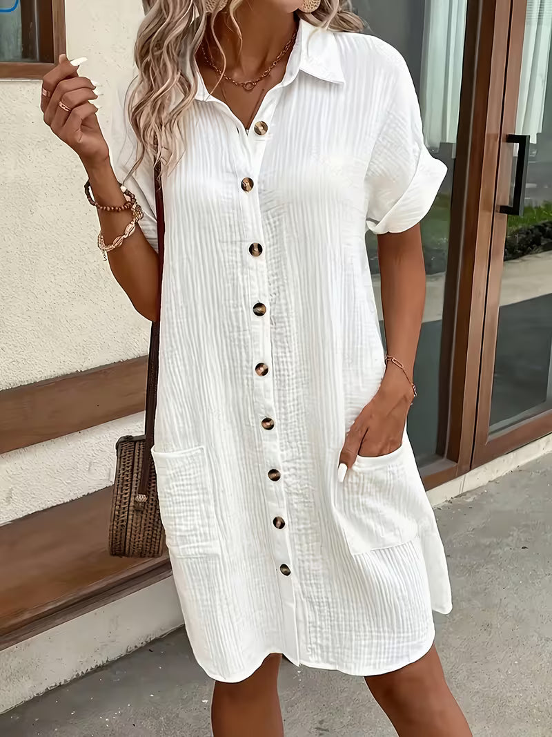 Women's casual button-front shirt dress. Breezy, collared, pocketed for summer comfort & vacation.