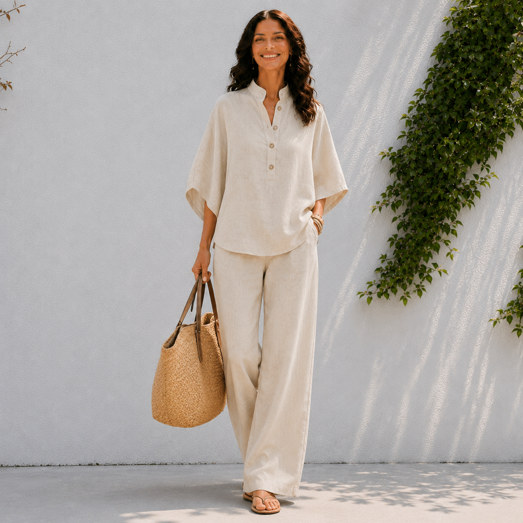 Effortless women's oversized blouse & wide leg pants matching set. Comfortable two-piece for spring/summer casual chic.