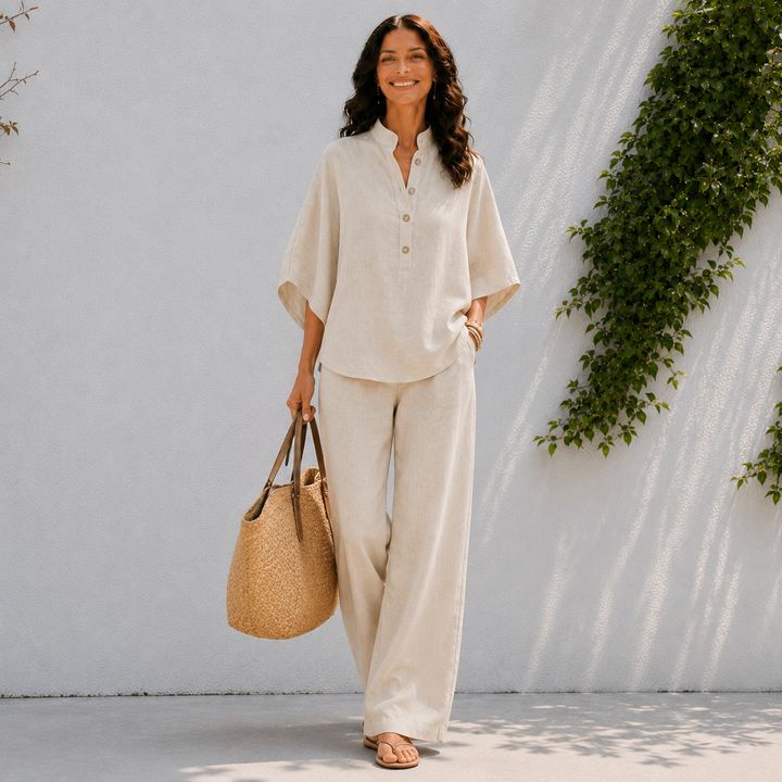 Effortless women's oversized blouse & wide leg pants matching set. Comfortable two-piece for spring/summer casual chic.