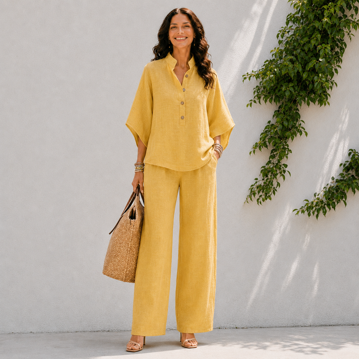 Women's versatile matching set: oversized button-down blouse & wide leg pants. Great for travel, lounge, or casual wear.