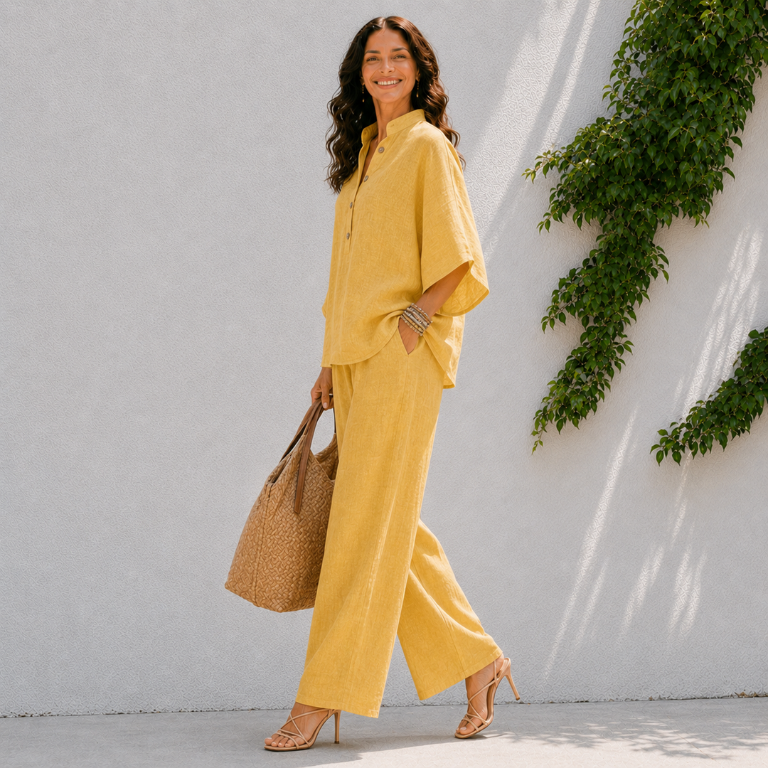 Effortless casual chic women's set: oversized button-down blouse and comfortable wide leg pants. Perfect spring/summer.