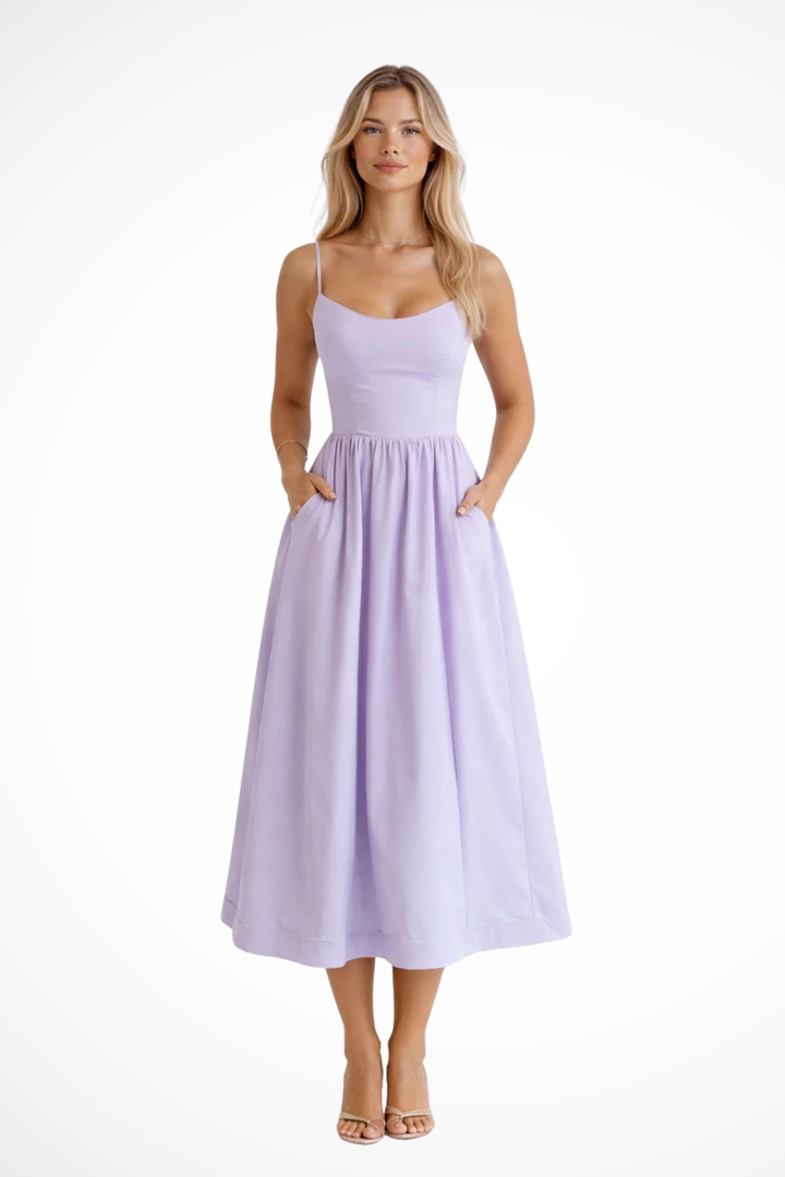 Effortless Women's Spaghetti Strap Midi Sundress. Perfect flowing summer dress for casual elegance & comfort.
