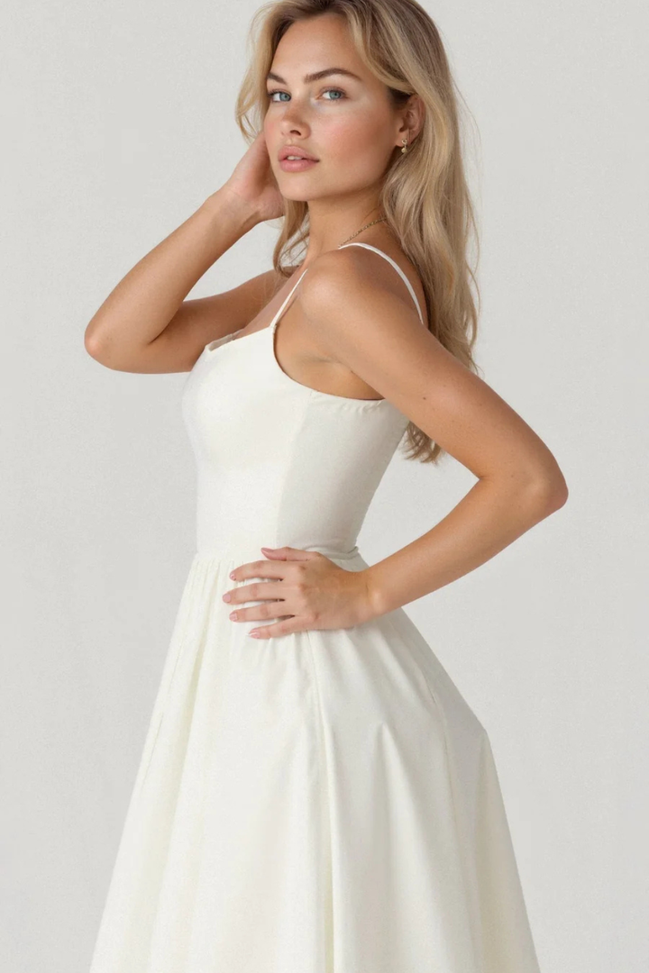 Women's Spaghetti Strap Midi Sundress. Chic vacation dress, lightweight & perfect for summer elegance.