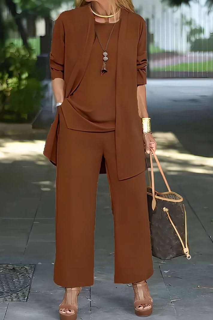 Full view of a women's comfortable 3-piece summer loungewear set with flowy pants for vacation.