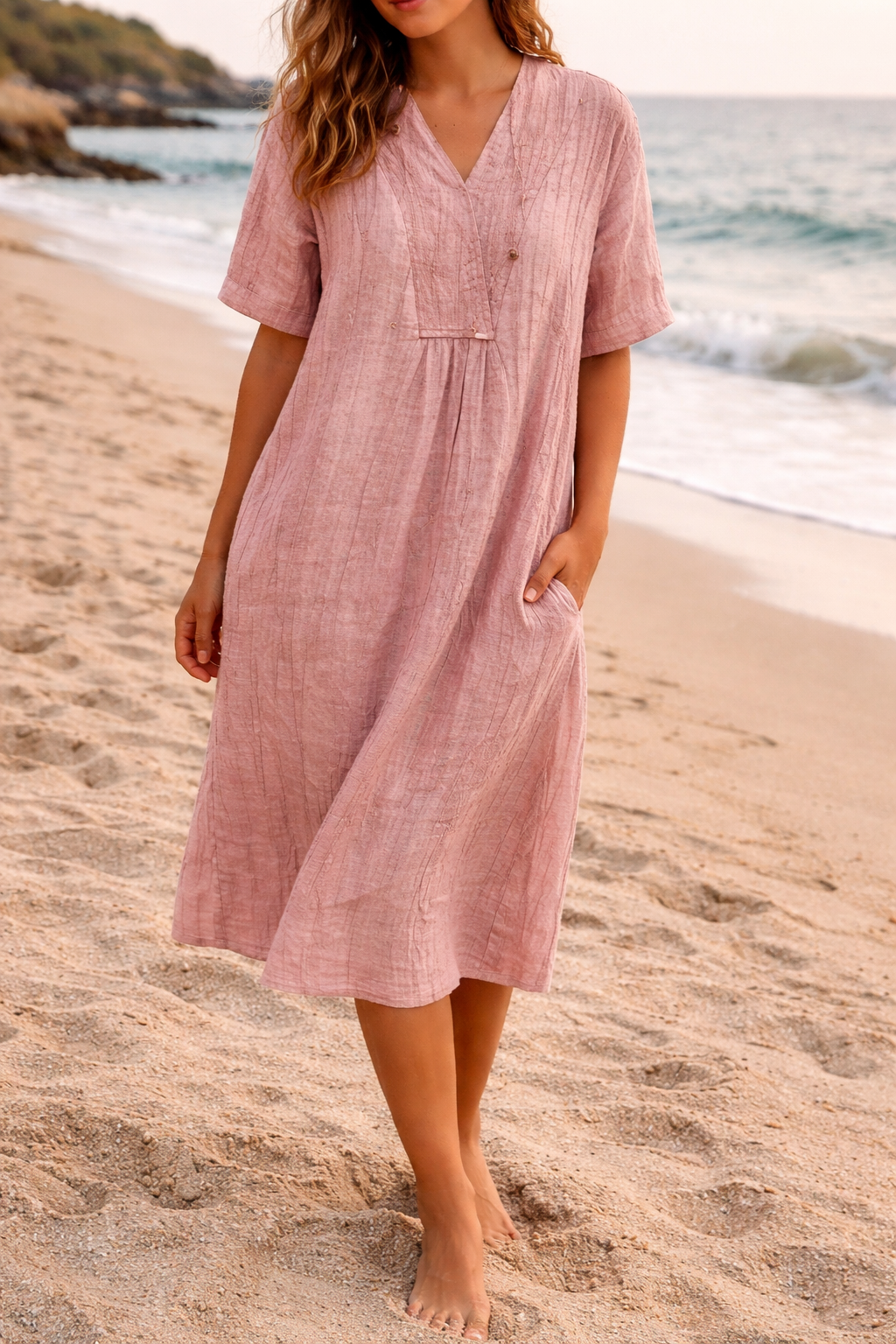 Effortless women's V-neck loose fit midi dress in a vibrant summer color, perfect for casual elegant style.