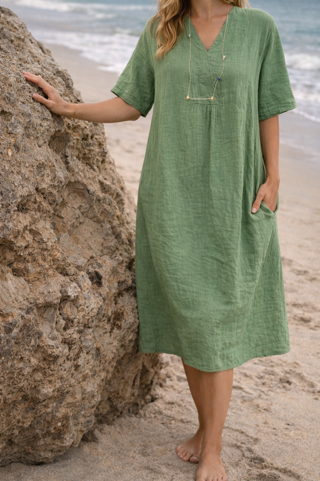 Stylish V-neck short sleeve pull-on midi dress for women, offering a comfortable loose fit for any occasion.