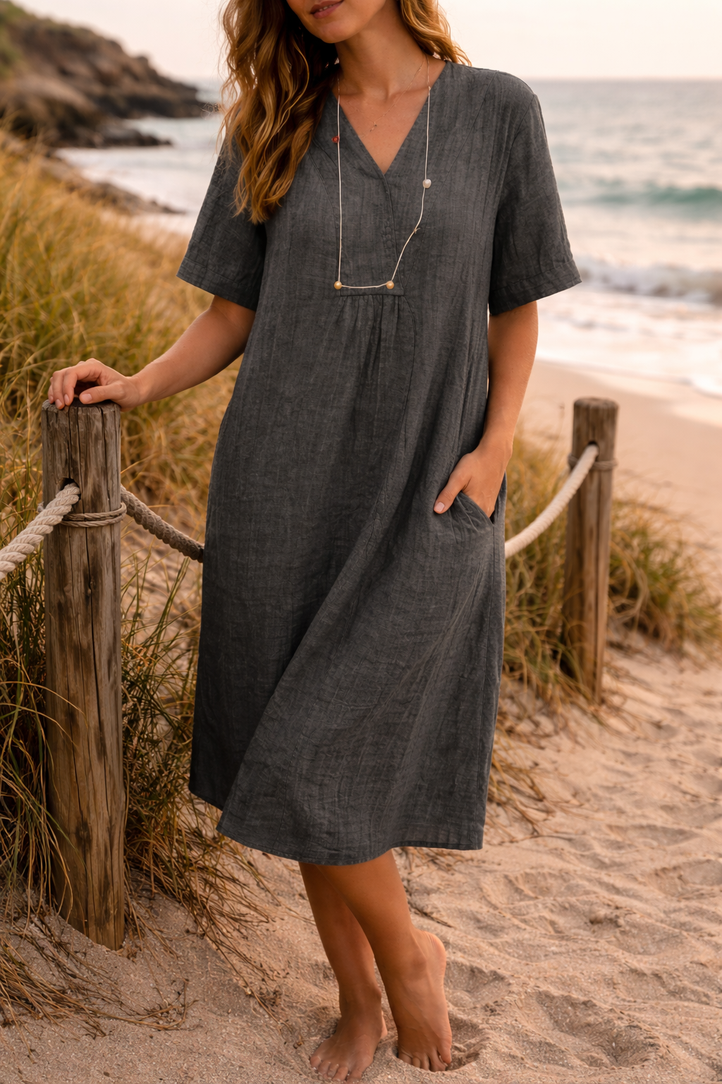 Casual blue V-neck midi dress for women, featuring a loose fit and short sleeves, perfect for easy summer wear.