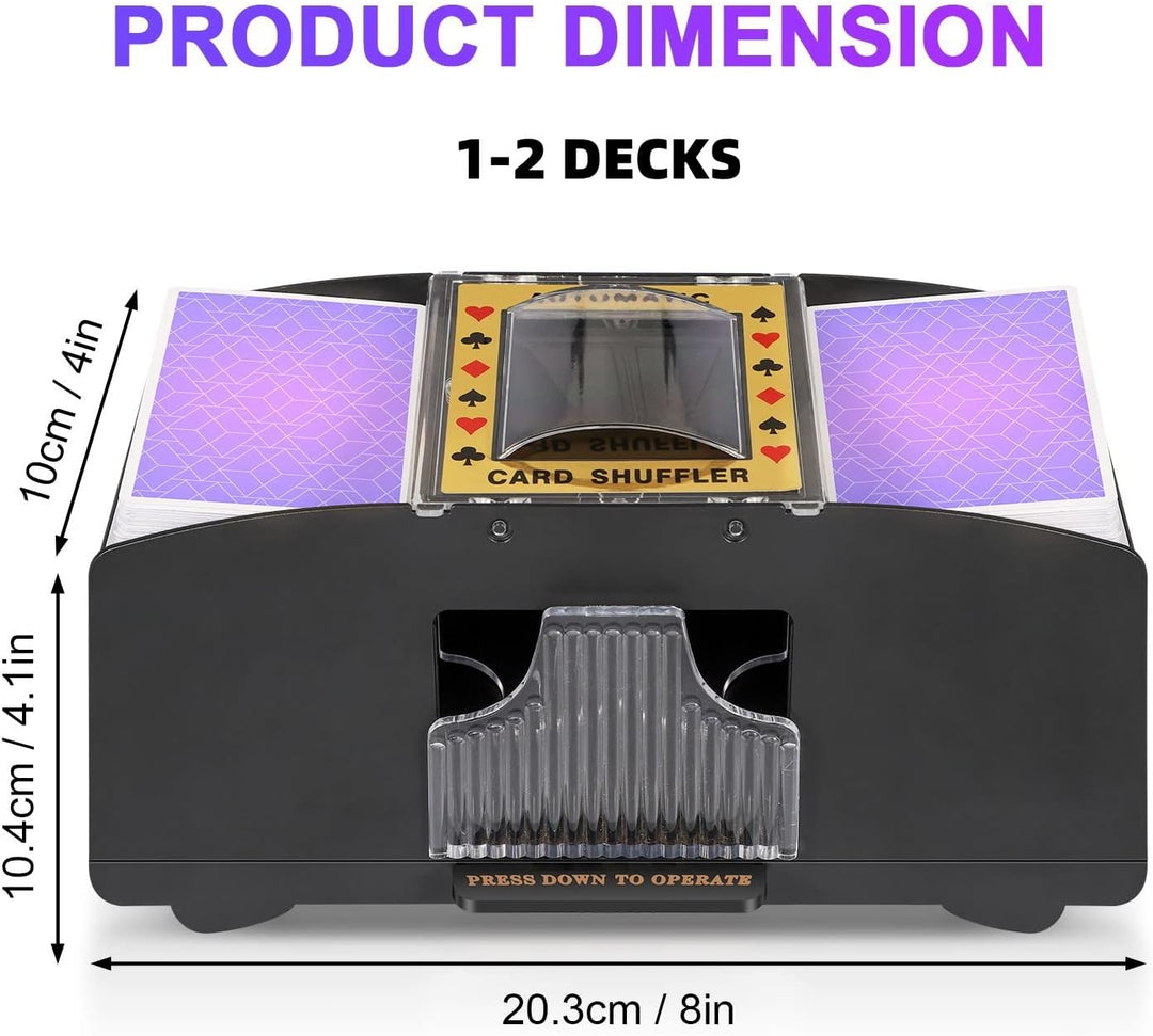 Portable automatic card shuffler, an electric game accessory making card games more enjoyable and fair.