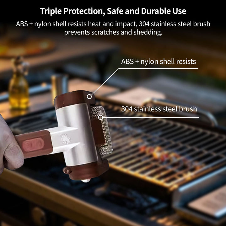 Rechargeable electric grill cleaner, stainless steel bristles, ergonomic design
